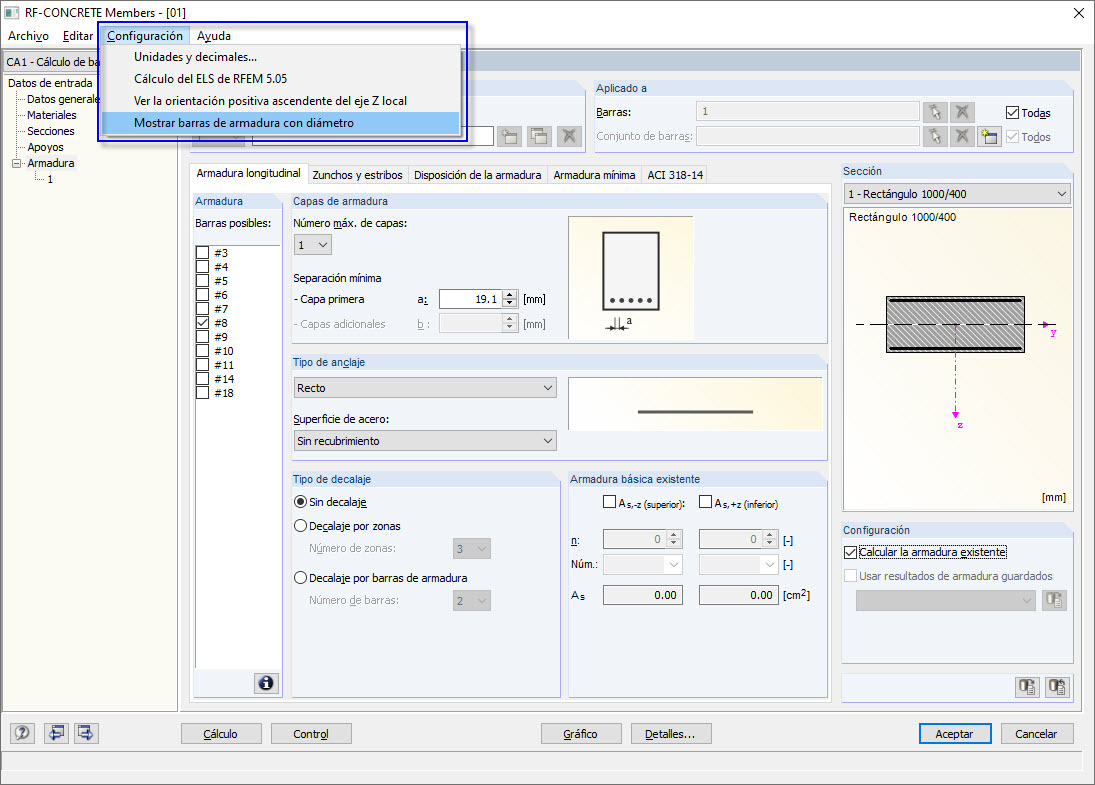 Mostrar barras de armadura con diámetro