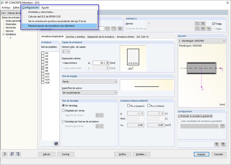 Mostrar barras de armadura con diámetro