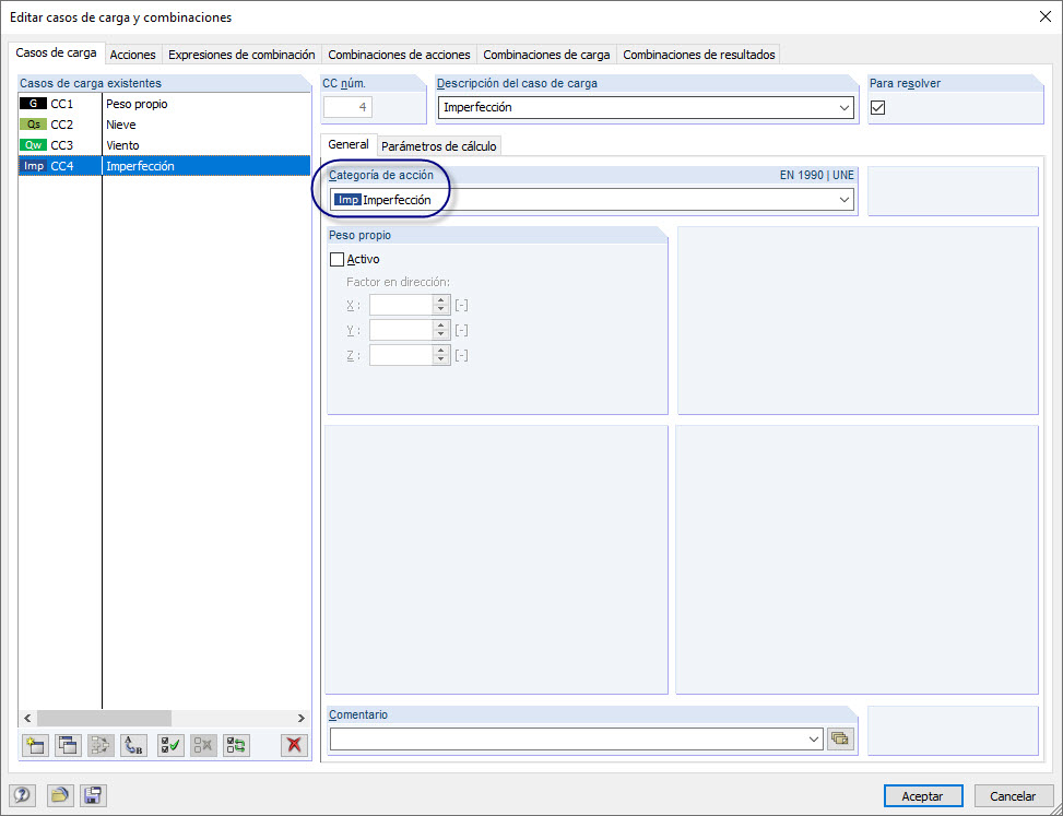 Especificación de la categoría de acción