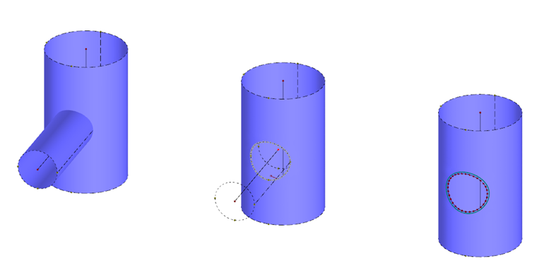 Modelo inicial (izquierda), intersección (medio), línea de intersección con hueco (derecha)