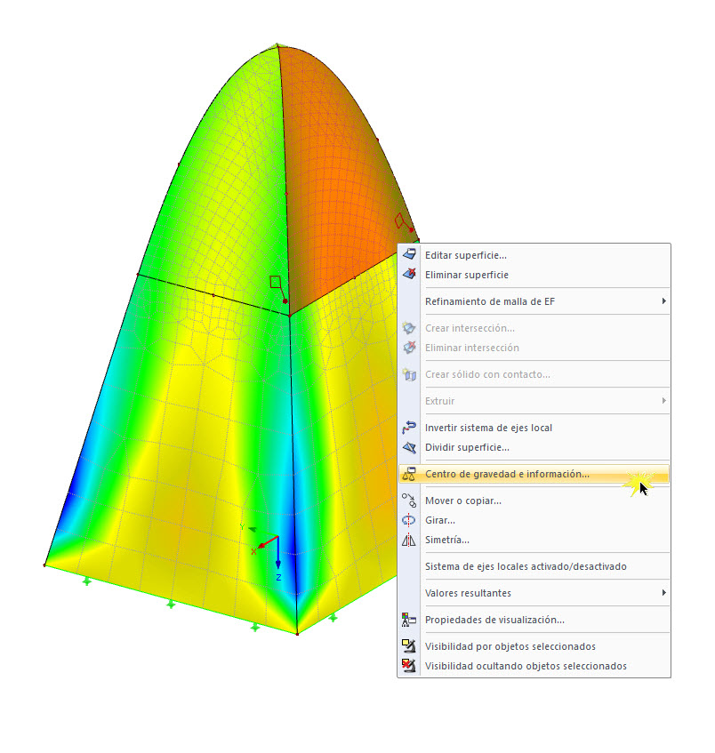 Menú contextual de la superficie seleccionada con la opción "Centro de gravedad e información"