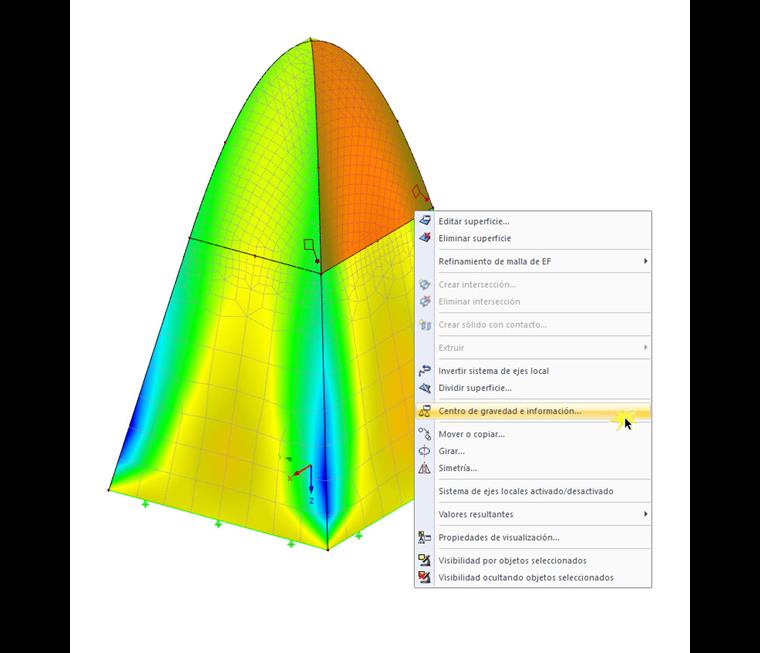 Menú contextual de la superficie seleccionada con la opción "Centro de gravedad e información"
