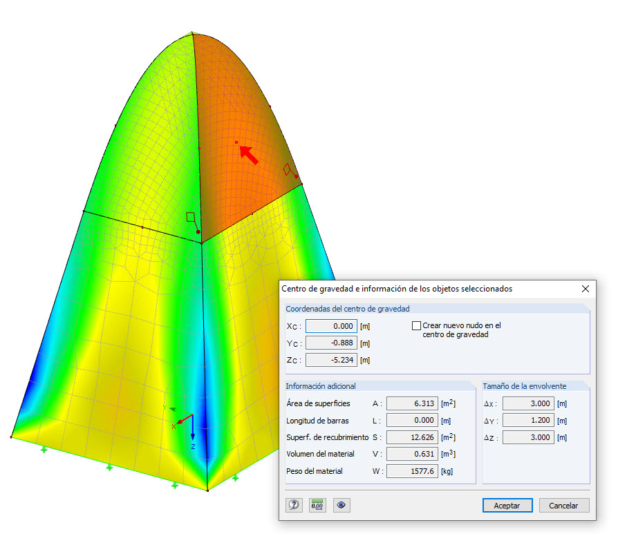 Cuadro de diálogo "Centro de gravedad e información sobre los objetos seleccionados"