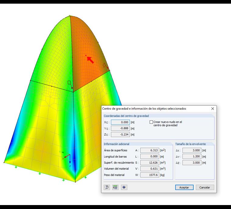 Cuadro de diálogo "Centro de gravedad e información sobre los objetos seleccionados"