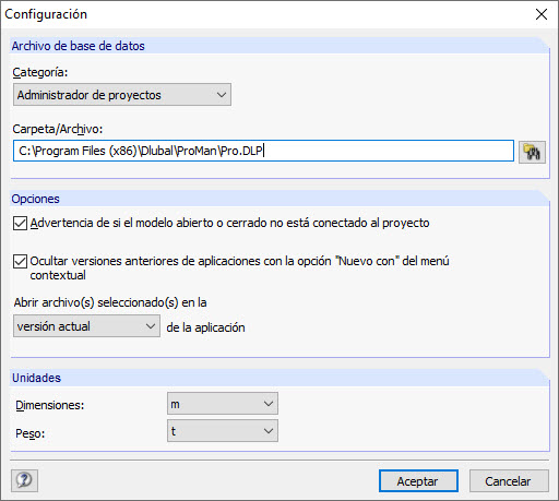 Opciones del programa en el administrador de proyectos