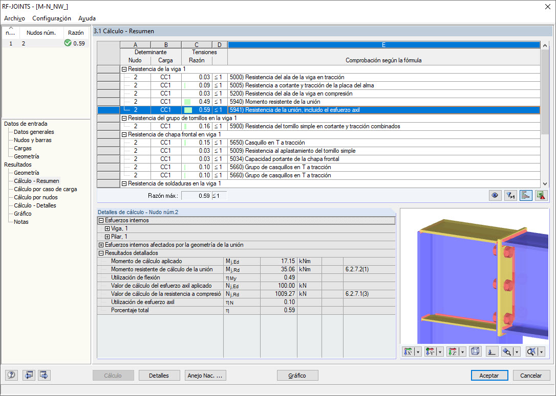 Comprobación de diseño de la resistencia de la conexión, incluida la fuerza axial
