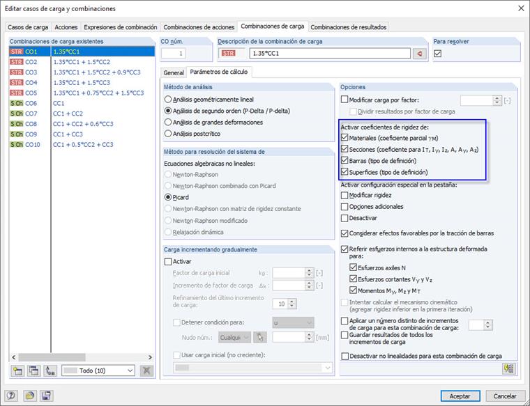 Configuración predeterminada para combinaciones de carga