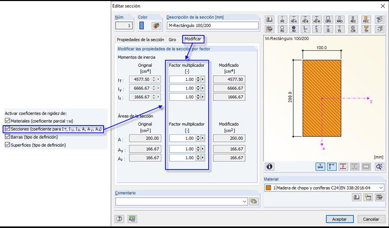 Consideración de factores de multiplicación de secciones