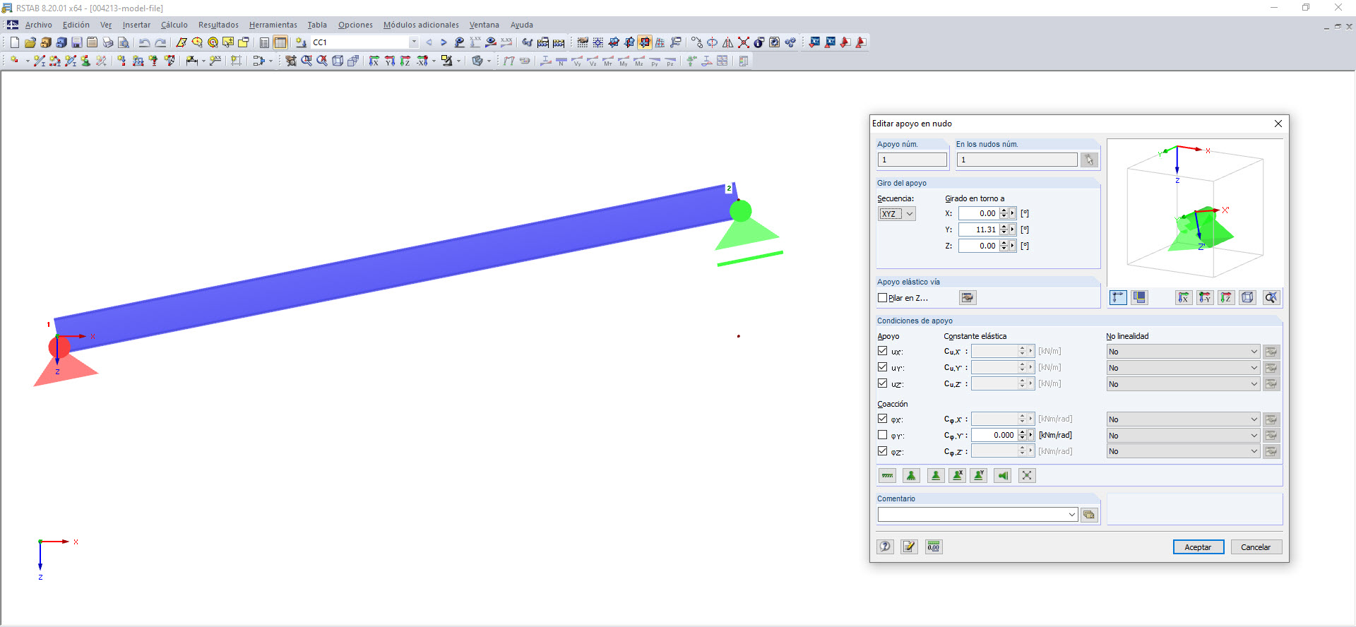 Giro del apoyo en el cuadro de diálogo "Editar apoyo en nudo"