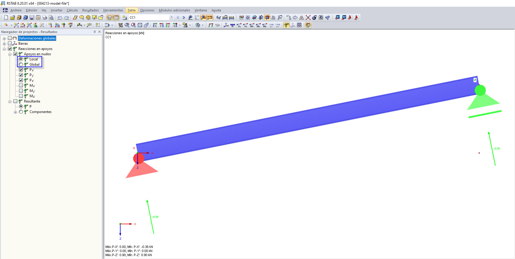Reacciones del soporte "local" y "global"