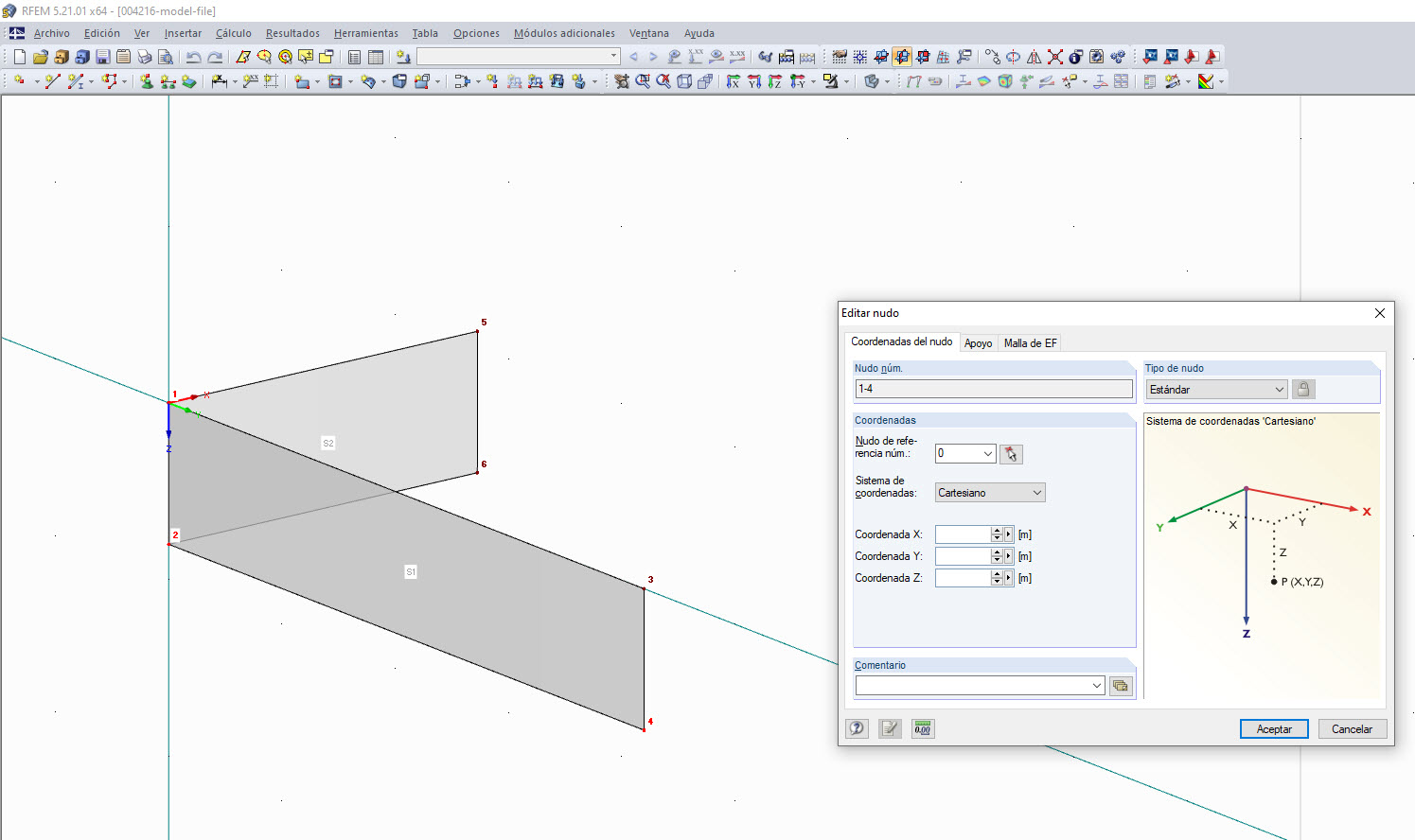 Comprobación de las coordenadas del nudo