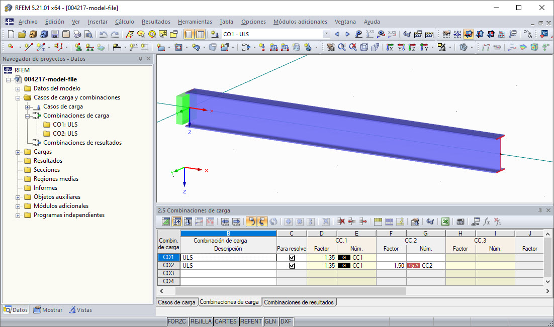 Descripción de la combinación de carga