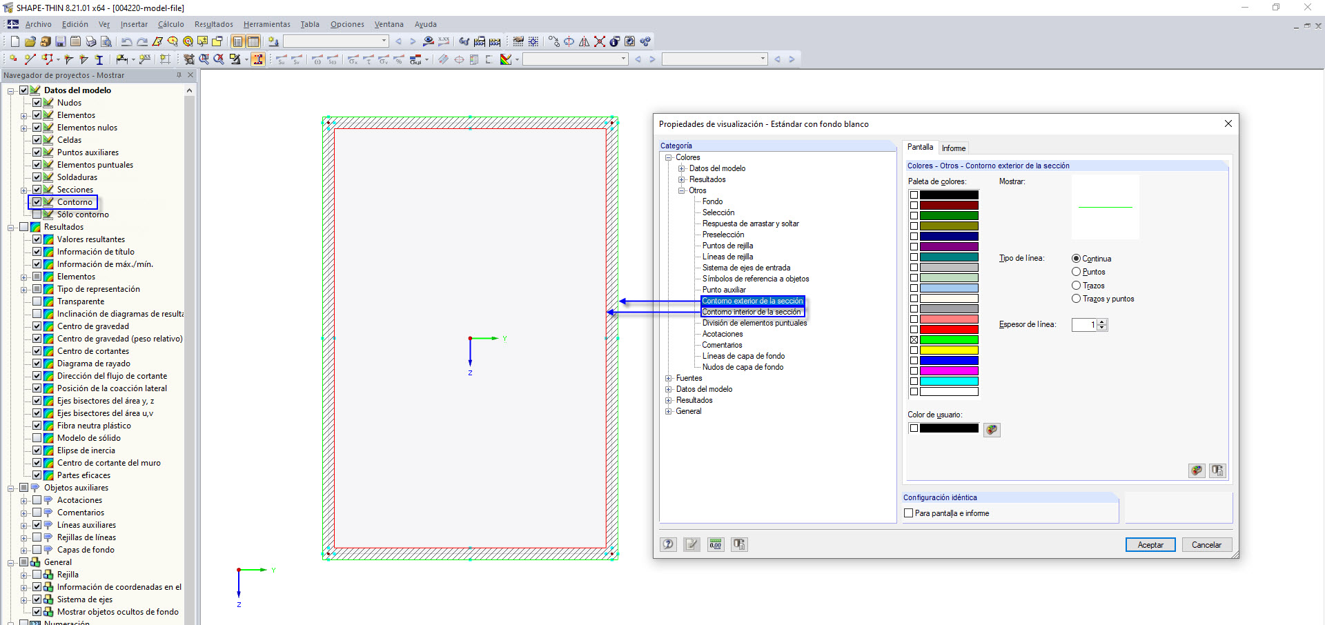 Mostrar propiedades del contorno de la sección