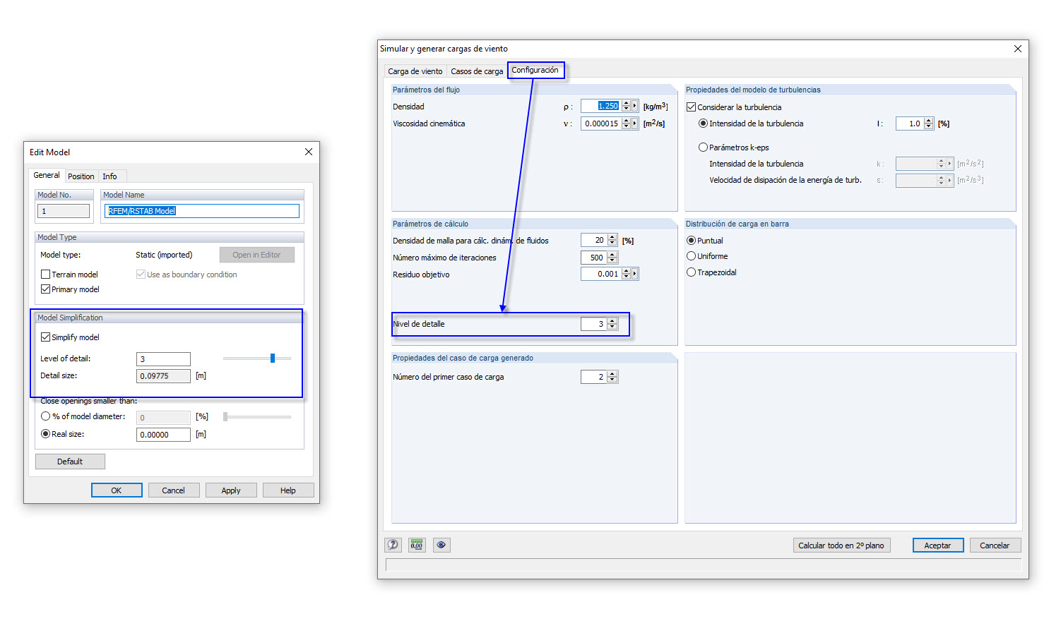 Configuración del nivel de detalle en RWIND Simulation (izquierda) y en RFEM (derecha)