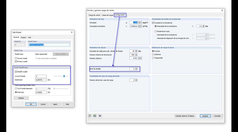 Configuración del nivel de detalle en RWIND Simulation (izquierda) y en RFEM (derecha)