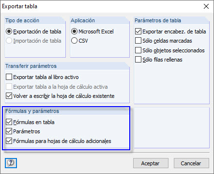 Exportación de tablas a Microsoft Excel - Configuración