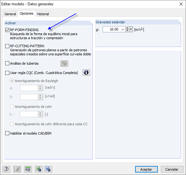 Activación de las opciones de búsqueda de la forma