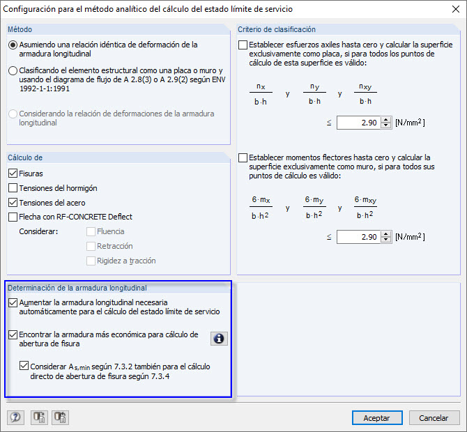 Configuración para el método analítico de cálculo del estado límite de servicio en RF-CONCRETE Surfaces