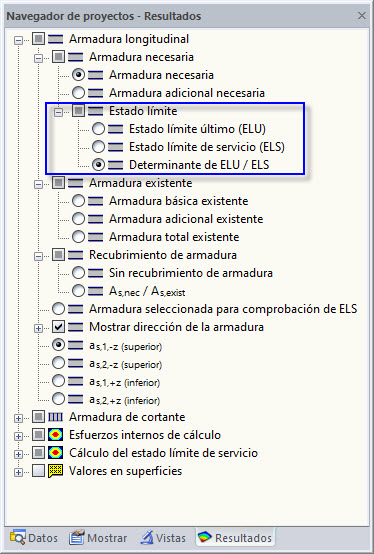 Navegador de resultados para los resultados de RF-CONCRETE Surfaces