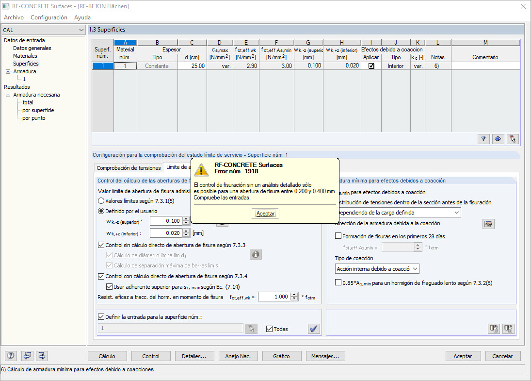Mensaje de error al introducir la abertura de fisura 