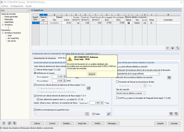 Mensaje de error al introducir la abertura de fisura 