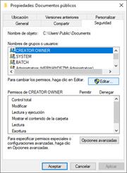 En la pestaña Seguridad de Propiedades, puede definir el acceso completo para un grupo de usuarios o un usuario seleccionado haciendo clic en el botón Editar.