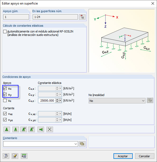 Apoyo empotrado en la dirección x e y de la superficie