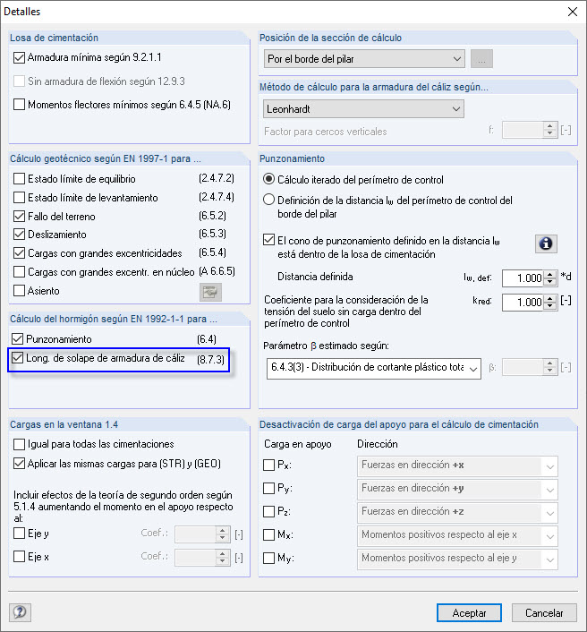 Configuración detallada para el cálculo en RF-/FOUNDATION Pro