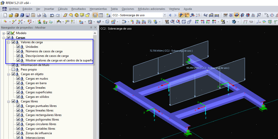 Navegador de proyectos - Mostrar - Carga - Valores de carga
