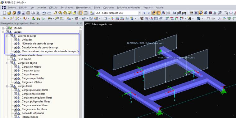 Navegador de proyectos - Mostrar - Carga - Valores de carga