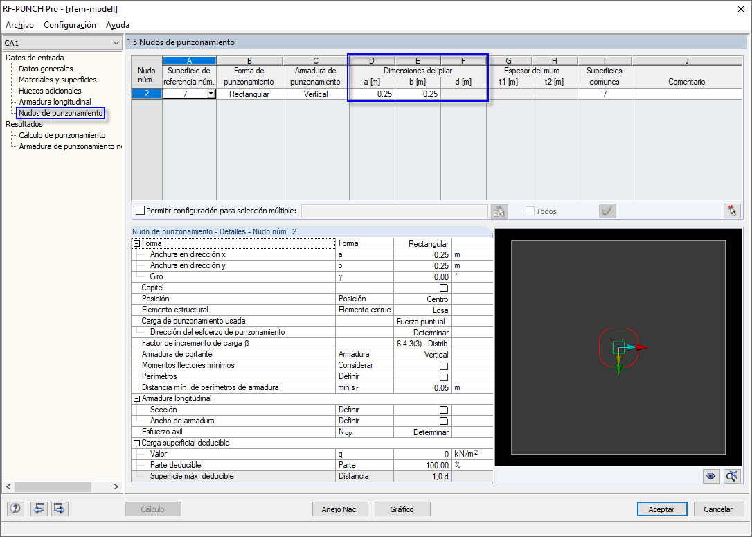 Cuadro de diálogo de entrada 1.5 con la definición de las dimensiones del pilar para barras acopladas