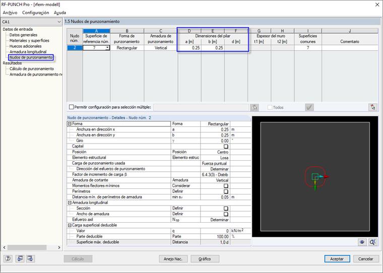 Cuadro de diálogo de entrada 1.5 con la definición de las dimensiones del pilar para barras acopladas