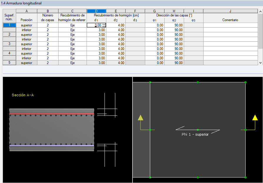 Cuadro de diálogo "1.4 Armadura longitudinal" con la configuración de recubrimiento de hormigón