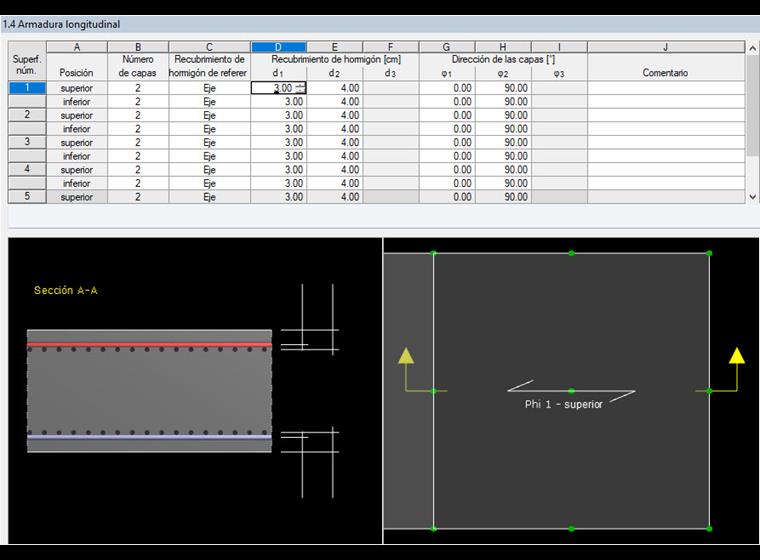 Cuadro de diálogo "1.4 Armadura longitudinal" con la configuración de recubrimiento de hormigón
