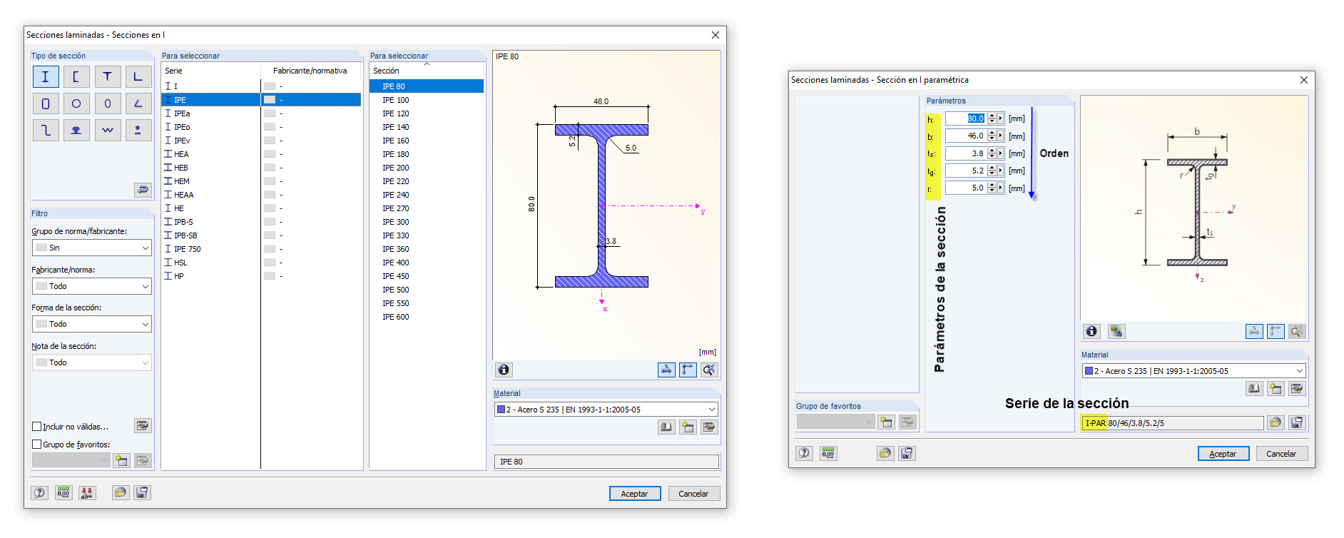 Parámetros y secuencia de secciones laminadas definidas paramétricamente