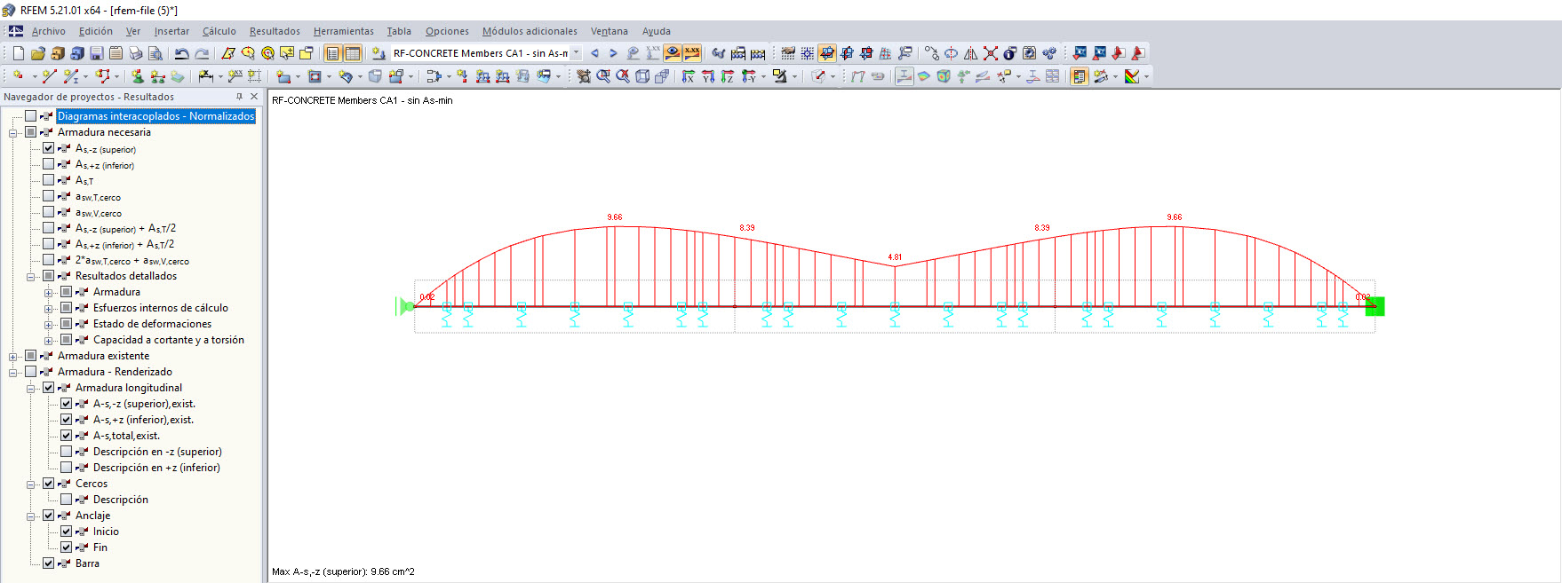 Distribución de la armadura necesaria sin la armadura longitudinal mínima según la norma