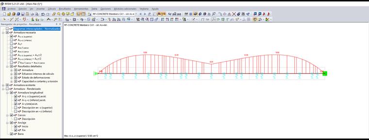 Distribución de la armadura necesaria sin la armadura longitudinal mínima según la norma
