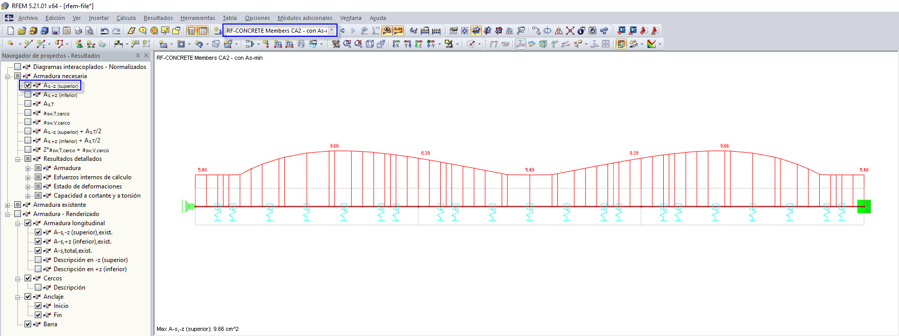 Distribución de la armadura necesaria incl. Armadura longitudinal mínima según la norma