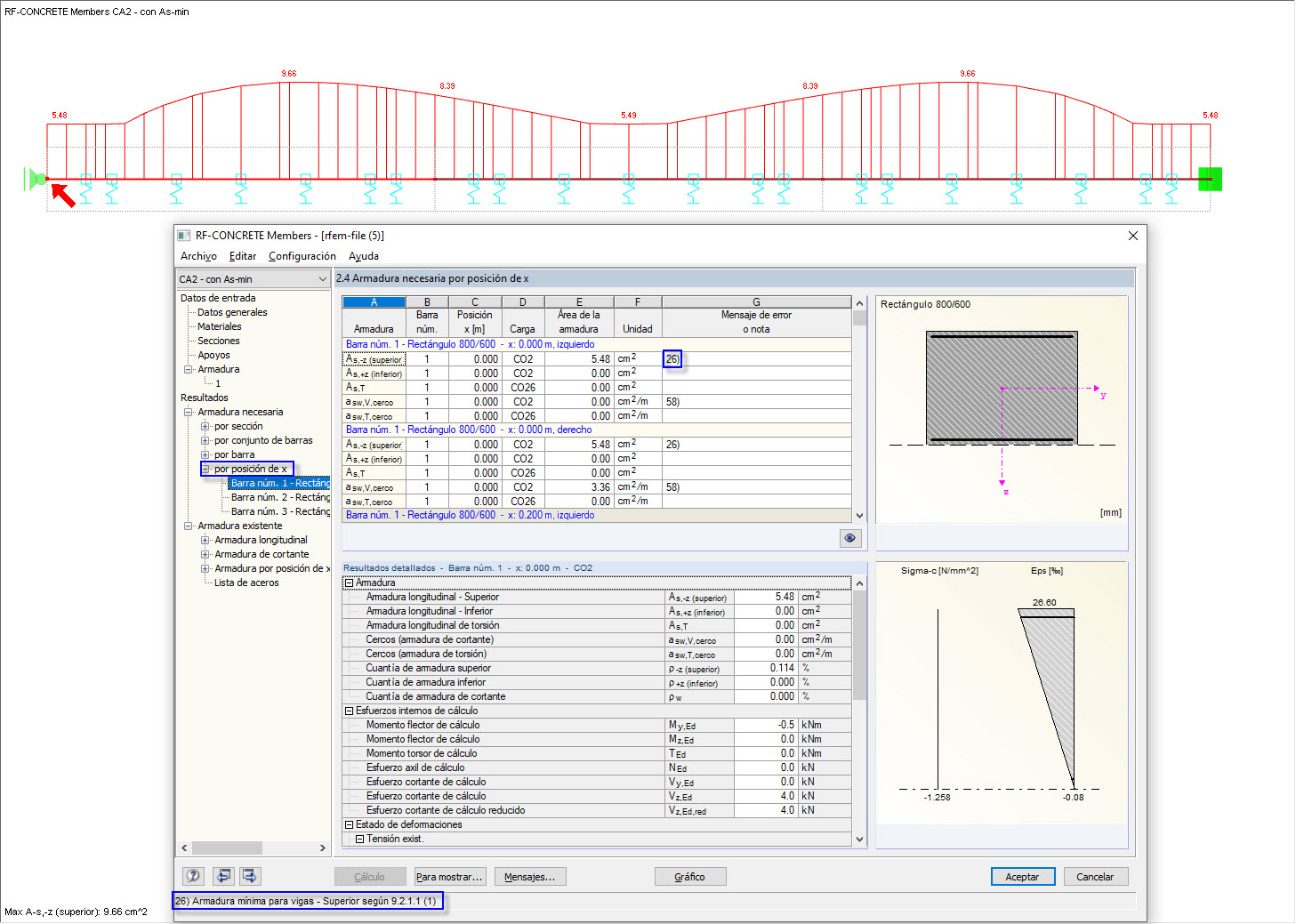 Cuadro de diálogo de resultados 2.4 que muestra la armadura necesaria por posición x