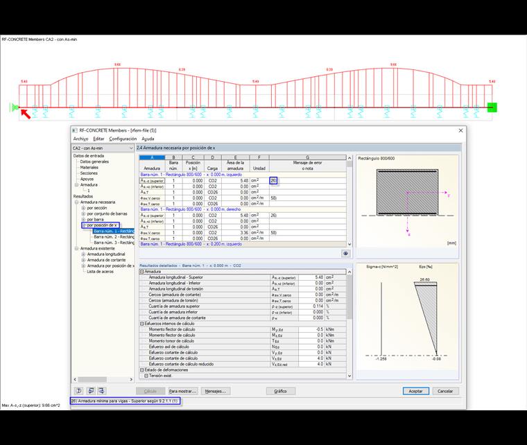 Cuadro de diálogo de resultados 2.4 que muestra la armadura necesaria por posición x