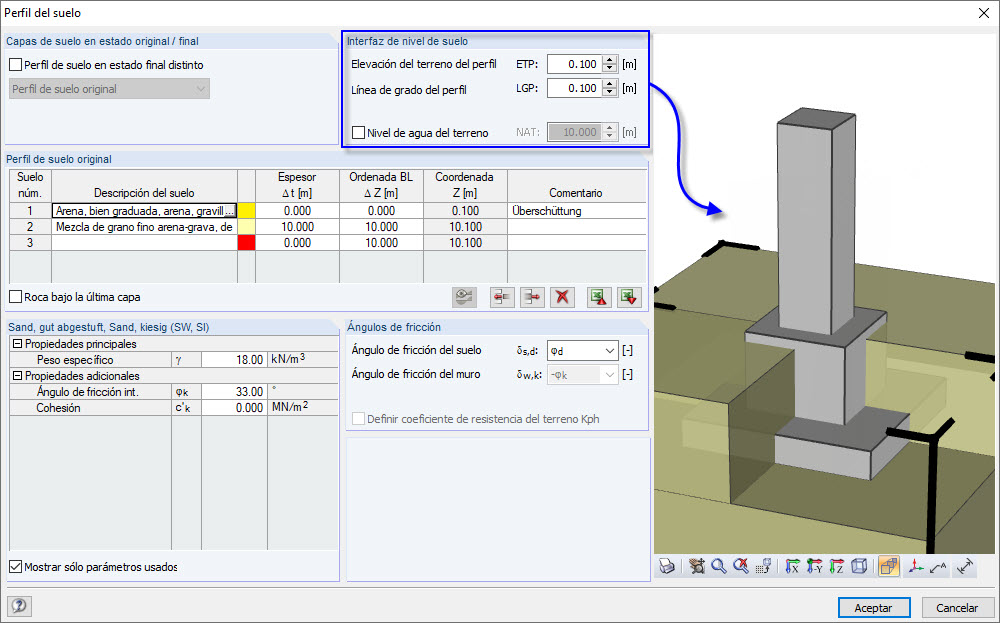 Cuadro de diálogo "Perfil del suelo" con la definición de la elevación del terreno del perfil