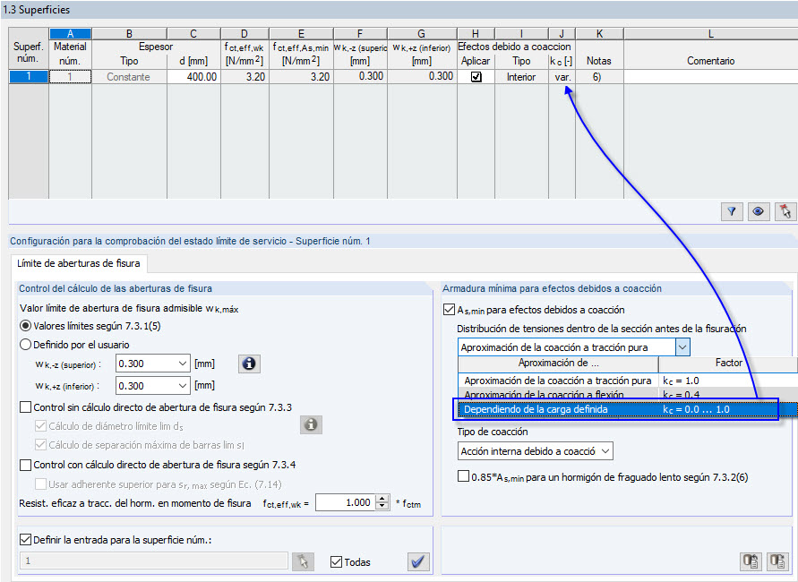 Cuadro de diálogo de entrada "1.3 Superficies" con la configuración para "Límite de aberturas de fisura"