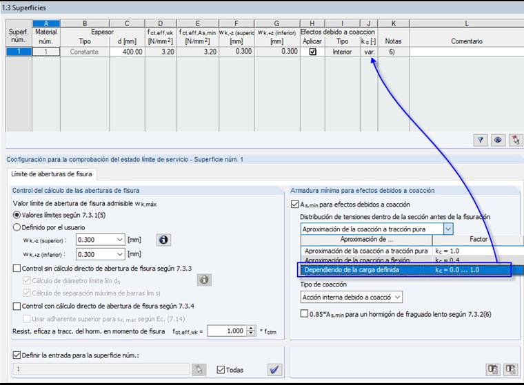 Cuadro de diálogo de entrada "1.3 Superficies" con la configuración para "Límite de aberturas de fisura"