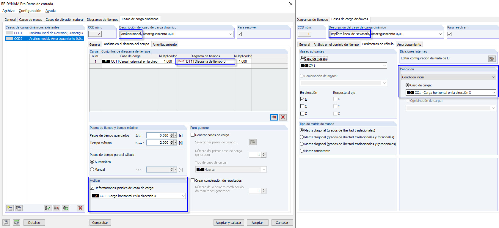 Activación de la condición/deformación inicial en casos de carga dinámica