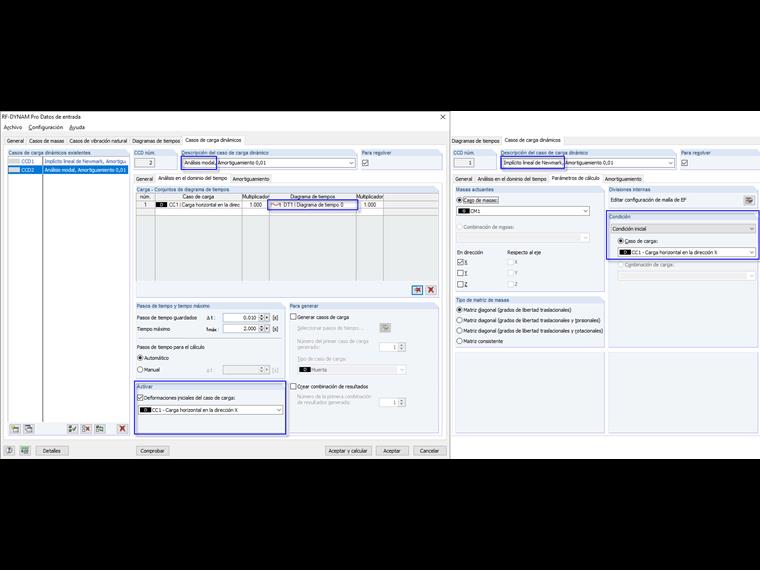Activación de la condición/deformación inicial en casos de carga dinámica