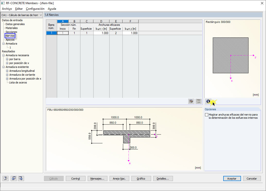 Cuadro de diálogo "1.4 Nervios" en RF-CONCRETE Members