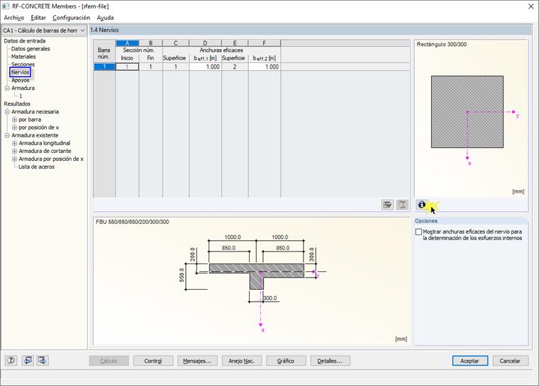 Cuadro de diálogo "1.4 Nervios" en RF-CONCRETE Members