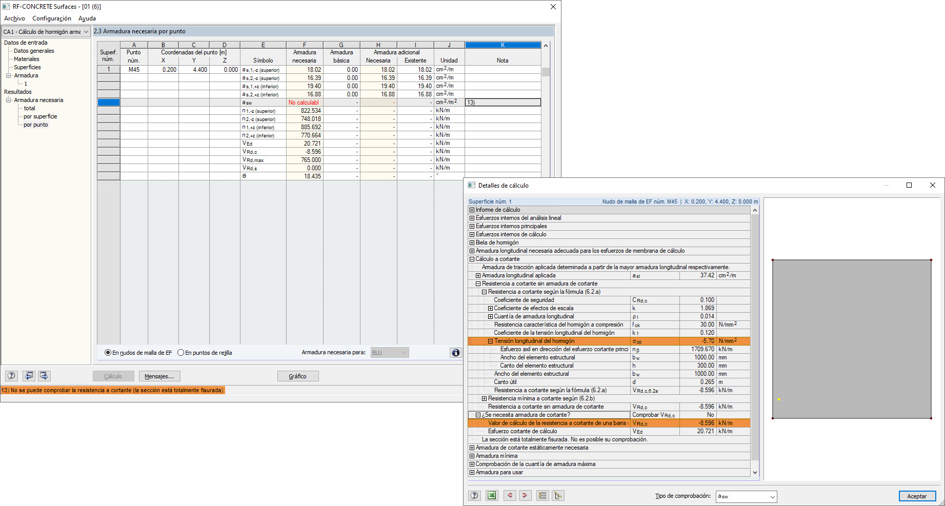Mensaje 13) No se puede comprobar la resistencia a cortante (la sección está totalmente fisurada)