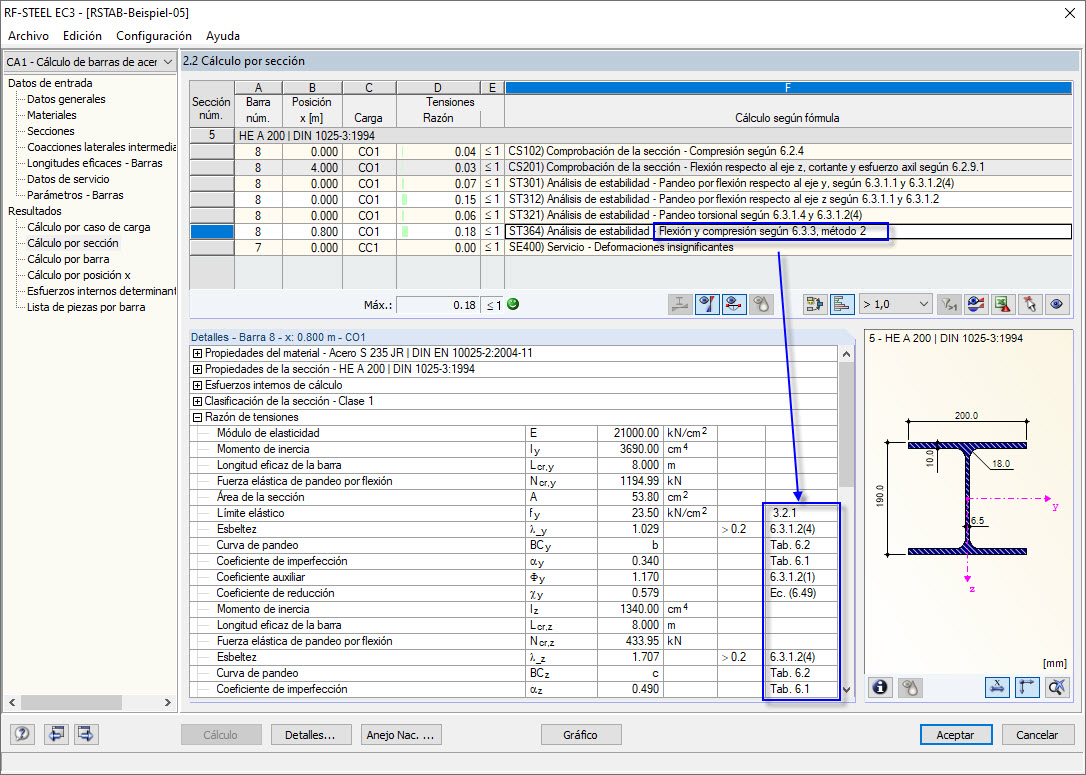Comprobación según la ecuación
