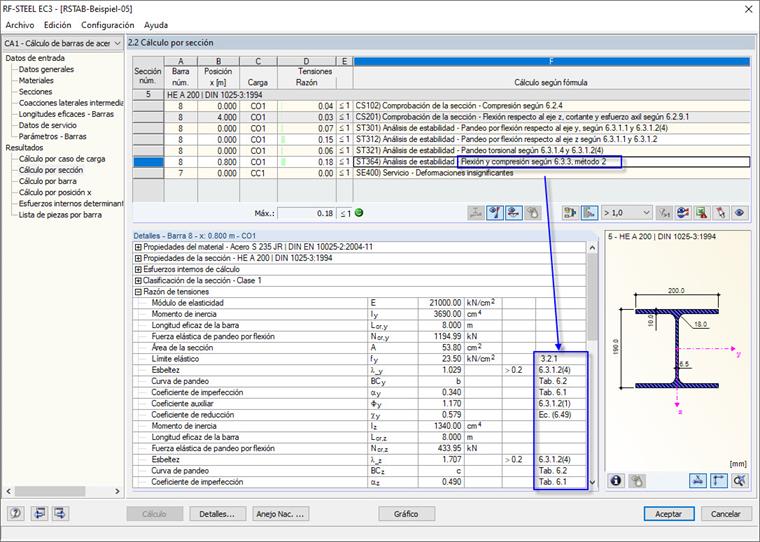 Comprobación según la ecuación